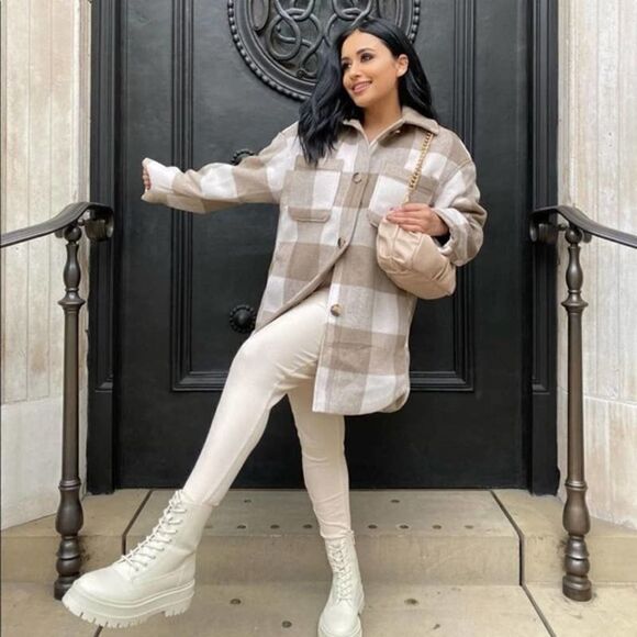 Oversized Shirt Plaid Jacket Shacket Neutrals New - Picture 3 of 16